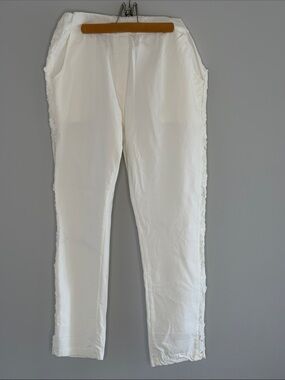 Elissa White Cropped Women's Pull On Viscose Pants with Side Lace Trim XL